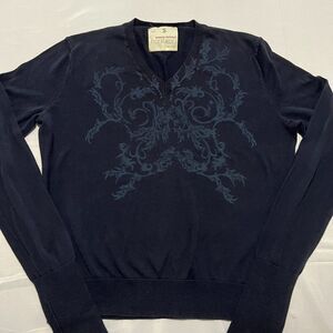 Banana Republic Womens S Navy V-Neck Sweater Gothic Print Y2K Cotton Long Sleeve